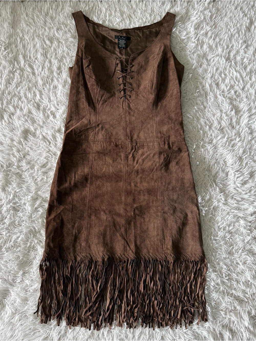 Vintage 90s ECI New York Brown Leather Sheath Dress with Fringe Hem Size 8 - Picture 6 of 9